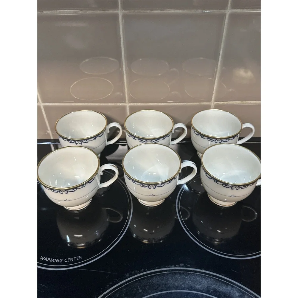 Lenox‎ Liberty Cups Set of 6 Ivory Blue Gold Trim Footed Tea Coffee USA